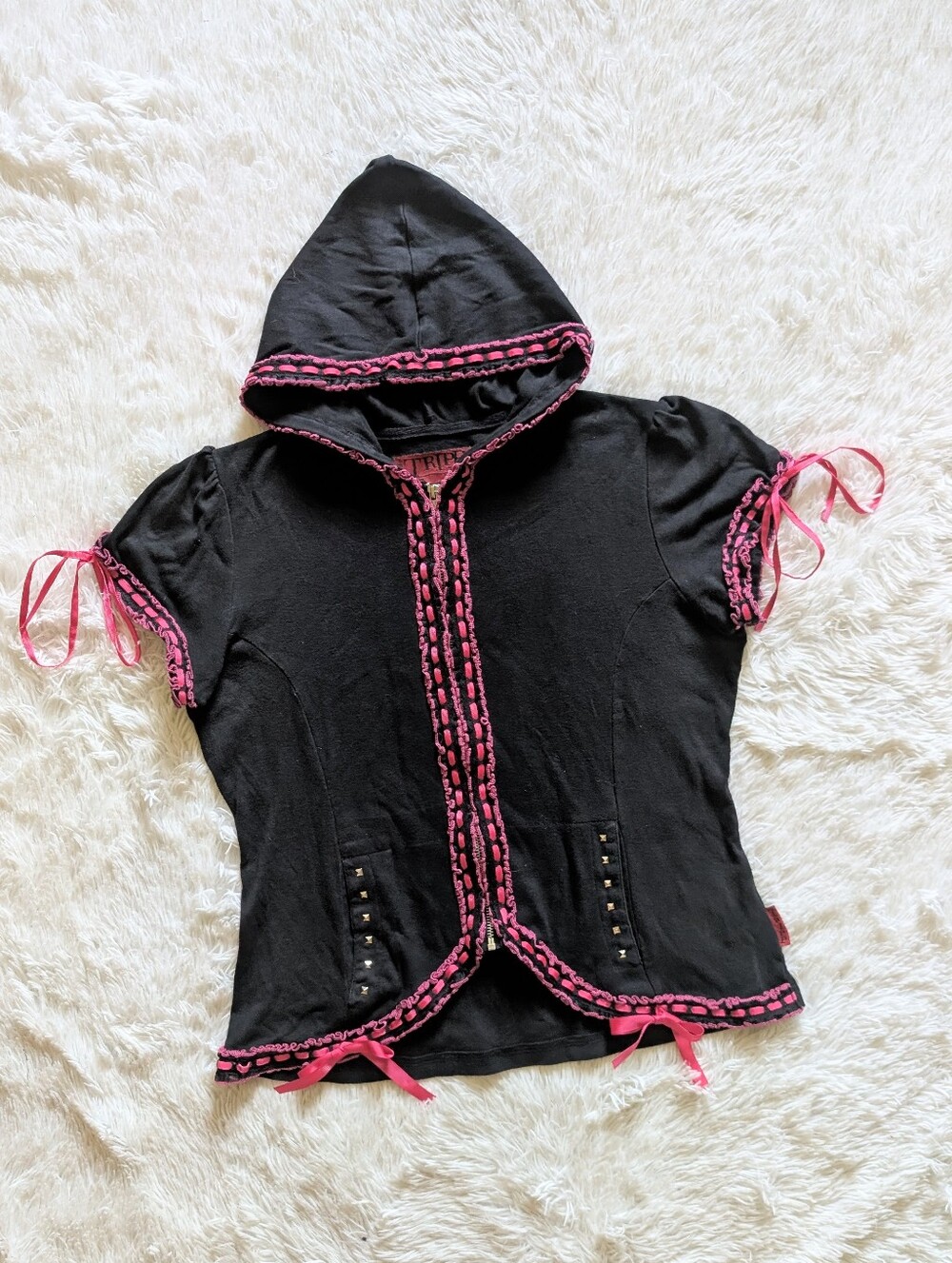 Y2K Tripp NYC Pink Ribbon Black Zip Kawaii Puff Sleeve Mallgoth Hoodie XXL